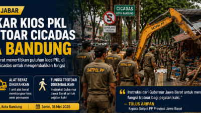 Satpol PP Jabar Bongkar Kios PKL di Trotoar Cicadas Bandung